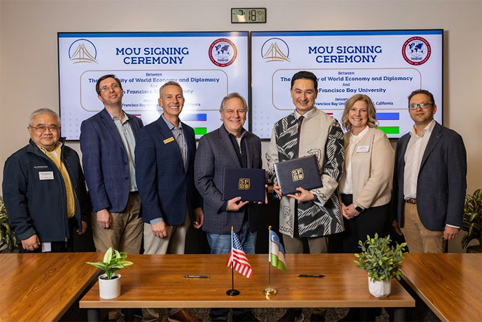 Thawi Iwagoshi, Associate Provost, SFBU, Alex Dolinski, Education Technology Entrepreneur – AlmaLearning.AI, Brad Fusttr, Vice President for Academic and Student Affairs, SFBU, Nick Ladany, President, SFBU, Muzaffar Djalalov, Chief Digital Transformation Officer and Vice-Rector for Economic Affairs at The University of World Economy and Diplomacy, Jennifer Alessi, Assistant Provost for International Programs, SFBU, llya Breyman, Co-Founder @ AlmaLearning.AI