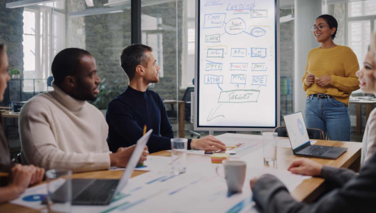 Professional presents a strategy on a whiteboard to a group during a team meeting in a modern office.