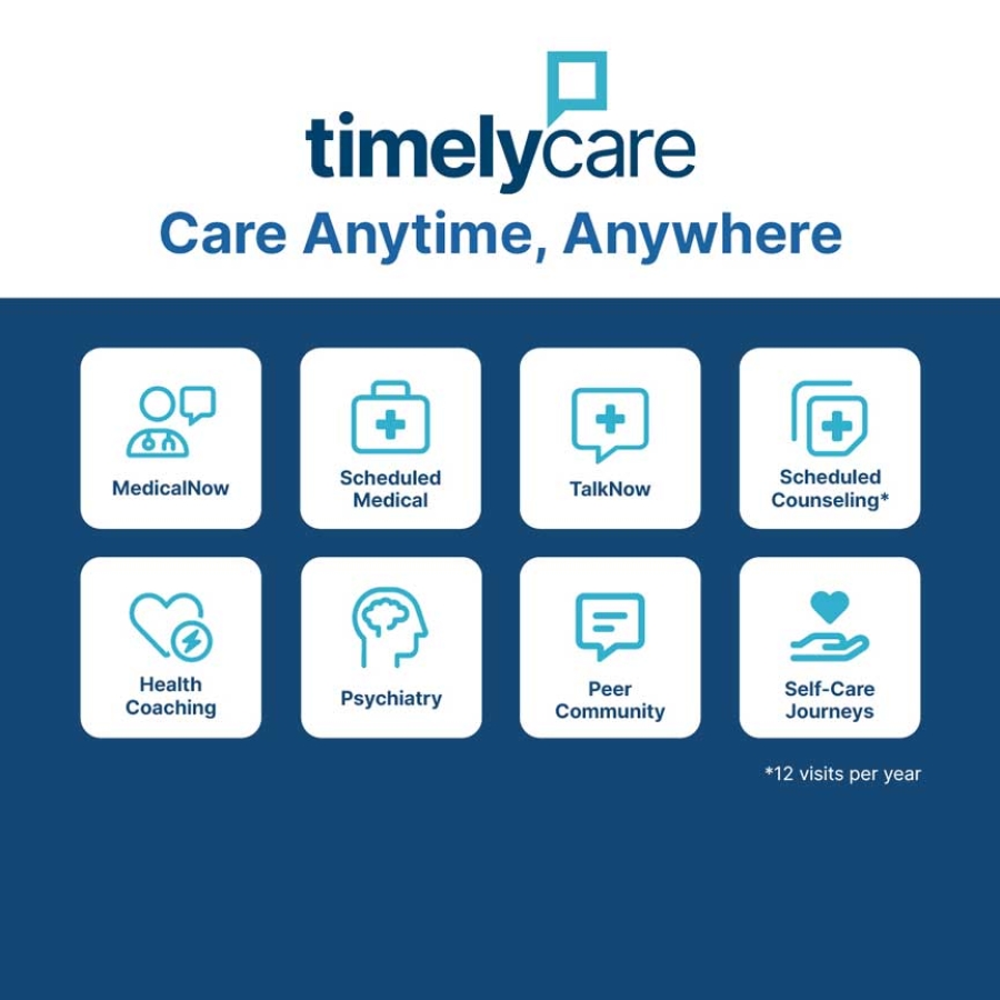 TimelyCare Social Graphic includes the services TimelyCare provides